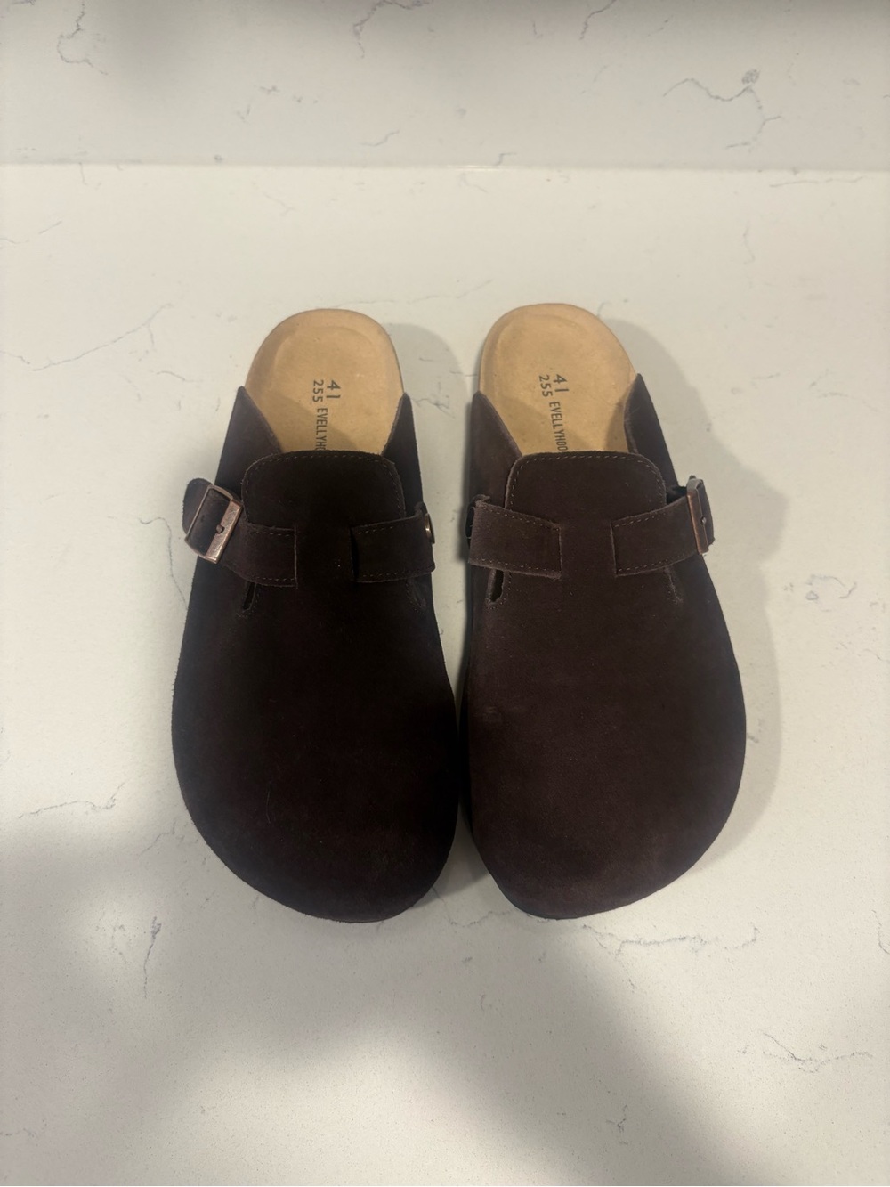 Women's Dark Brown Suede Slip-On Clogs with Buckle